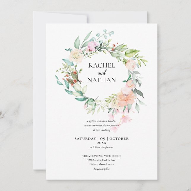 Invitation Bois Rose verdure Mariage fleuri (Devant)