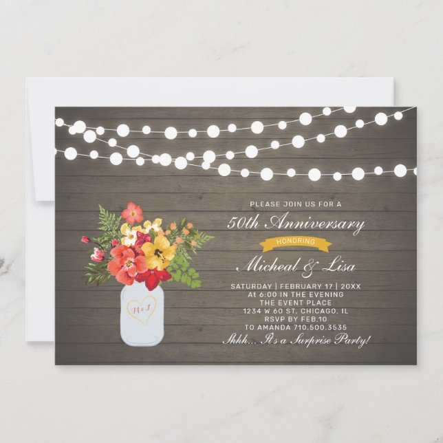 Invitation Bois Rustique 50e Anniversaire de Mariage Surprise (Devant)