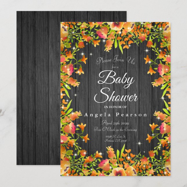 Invitation Bois rustique Aquarelle d'automne Floral Étincelle (Devant / Derrière)