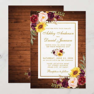 Invitation Bois rustique Aquarelle Floral Gold Frame Mariage