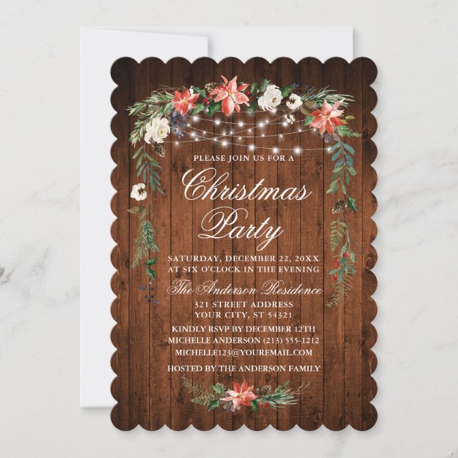 Invitation Bois rustique Aquarelle Poinsettia Lumières Noël (Devant)