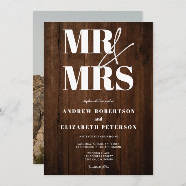 Invitation Bois rustique audacieux M. Mrs mariage photo scrip (Devant / Derrière)