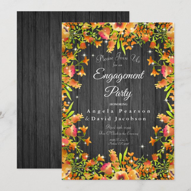 Invitation Bois rustique Automne Aquarelle Fleurs Étincelles (Devant / Derrière)