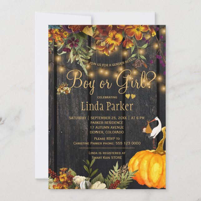 Invitation Bois rustique automne automne baby shower sexe rév (Devant)