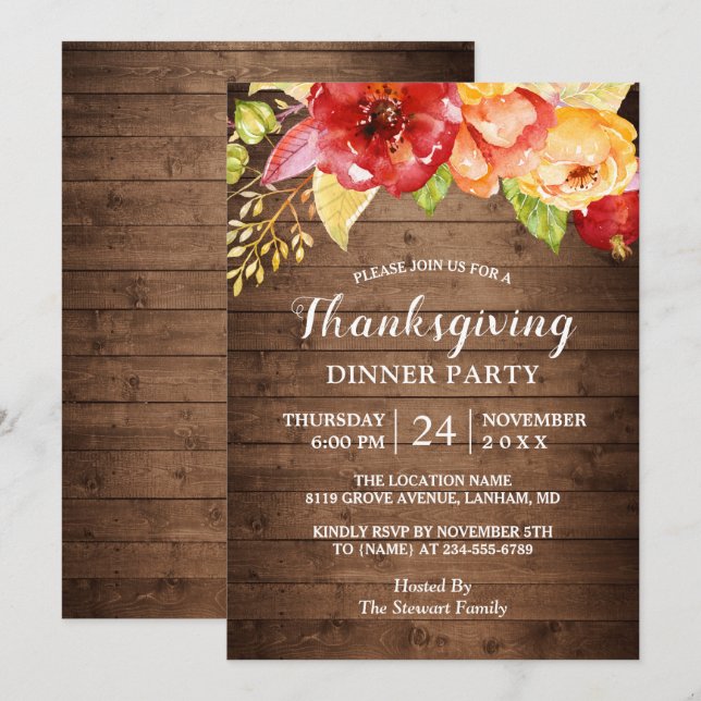 Invitation Bois rustique Automne Rouge Floral Thanksgiving Dî (Devant / Derrière)