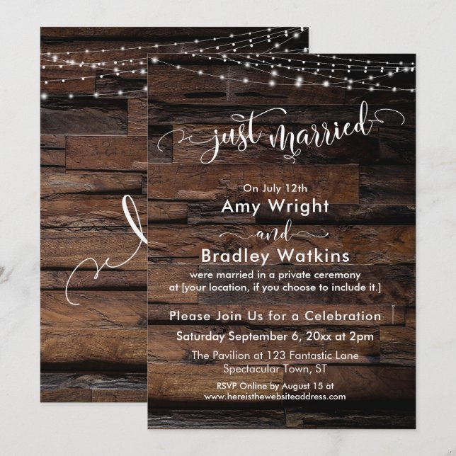 Invitation Bois rustique avec lumières, Calligraphie Mariée (Devant / Derrière)