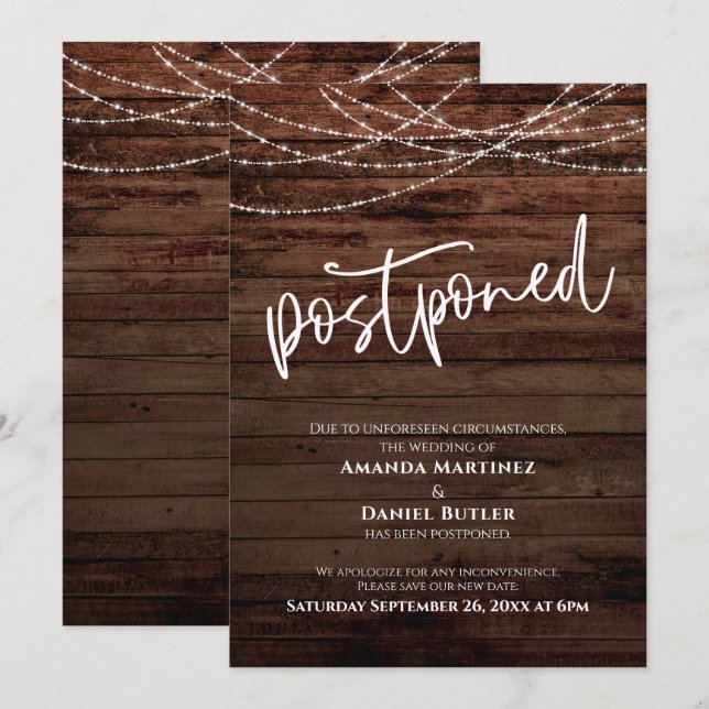 Invitation Bois rustique avec Mariage différé avec lumière (Devant / Derrière)
