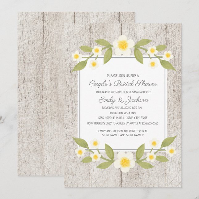 Invitation Bois rustique Blanc Floral Fête des mariées Couple (Devant / Derrière)