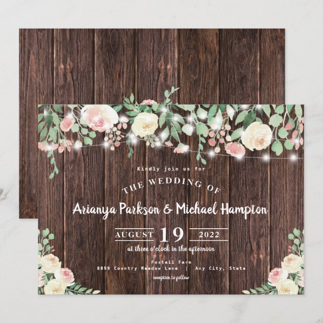 Invitation Bois rustique Blush Floral Lumières Mariage (Devant / Derrière)