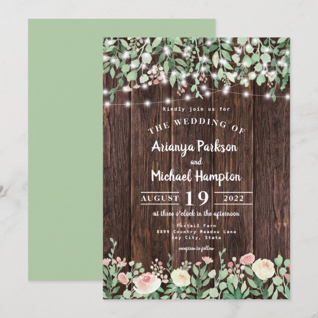 Invitation Bois rustique Blush Floral Lumières Mariage (Devant / Derrière)