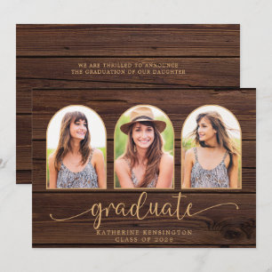 Invitation Bois rustique Boho Arch Gold 3 Photo Graduation