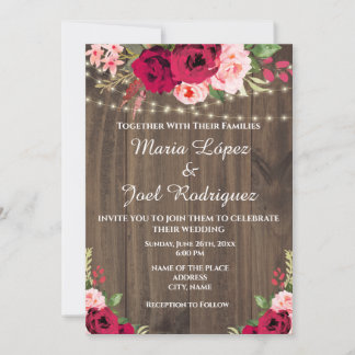 Invitation Bois Rustique Bourgogne Avec Lumières Florales Vin