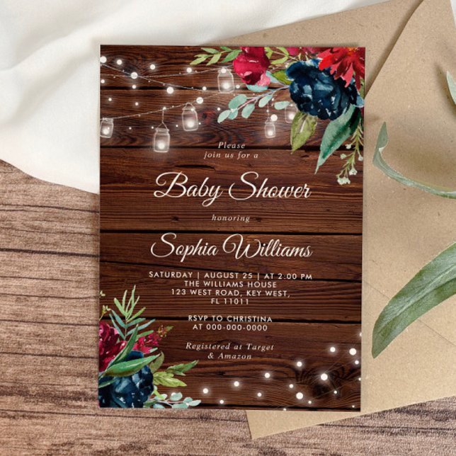 Invitation Bois rustique Bourgogne Baby shower des lumières f (Créateur téléchargé)