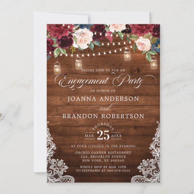 Invitation Bois rustique Bourgogne Floral Mason Jar Fiançaill (Devant)