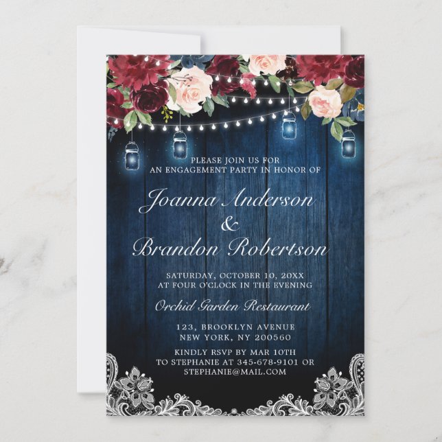 Invitation Bois rustique Bourgogne Floral Mason Jar Fiançaill (Devant)