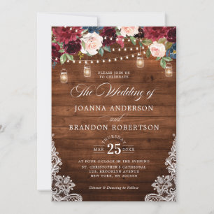 Invitation Bois rustique Bourgogne Floral Mason Jar Mariage I