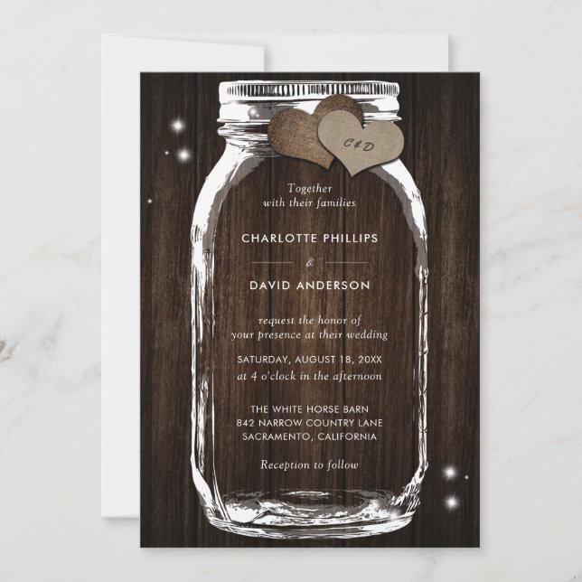Invitation Bois rustique Burlap Coeurs Mason Jar Mariage (Devant)