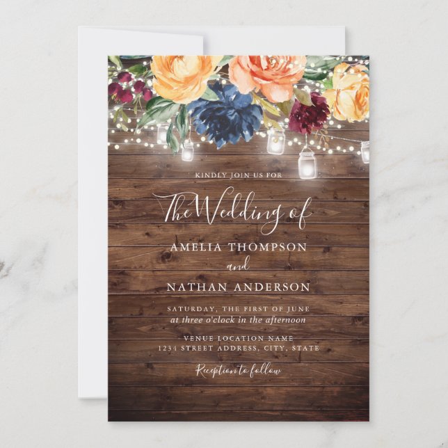 Invitation Bois rustique Couleur Floral Lumières Mariage (Devant)
