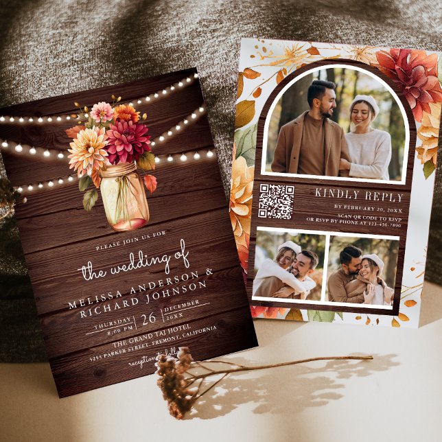 Invitation Bois rustique Dahlia Mason Jar QR Code Mariage (Créateur téléchargé)