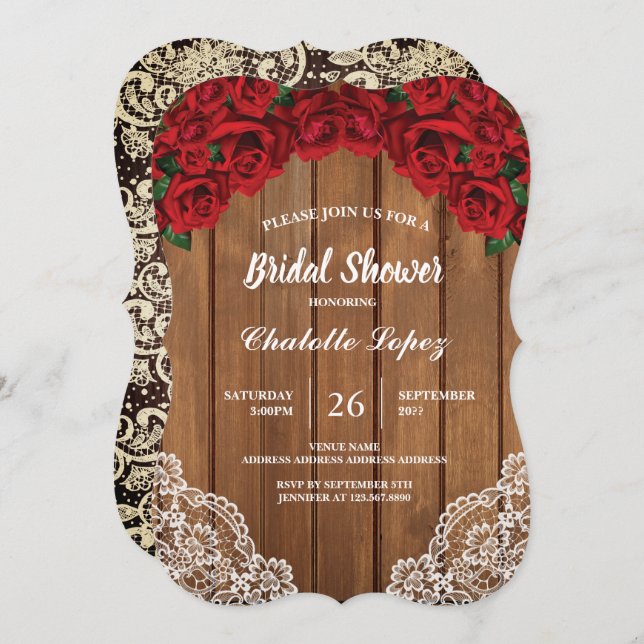 Invitation Bois rustique de douche nuptiale de rose rouge (Devant / Derrière)