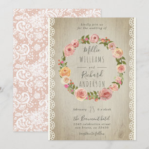 Invitation Bois rustique, dentelle Vintage et Mariage de cour