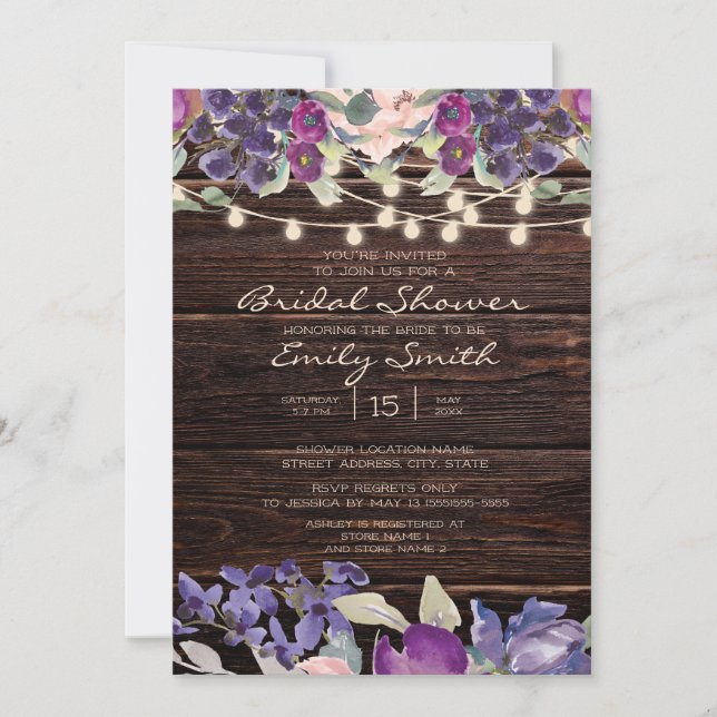 Invitation Bois rustique éclaire violet floral nuptiale (Devant)