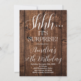 Invitation Bois Rustique et blanc Surprise fête d'anniversair