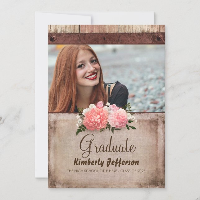 Invitation Bois rustique et Burlap Floral Photo Graduation (Devant)