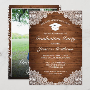Invitation Bois rustique et dentelle blanche Diplôme photo