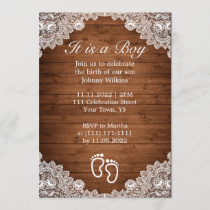 Invitation Bois rustique et dentelle blanche Fête de naissanc