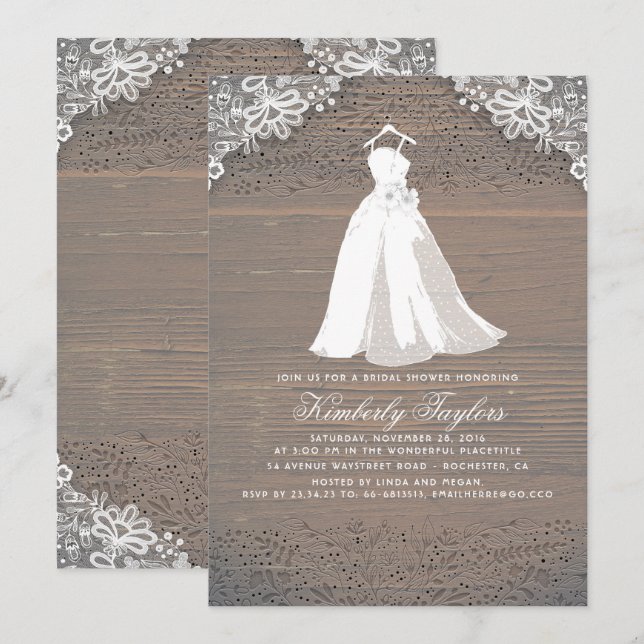 Invitation Bois rustique et dentelle | Fête des mariées maria (Devant / Derrière)