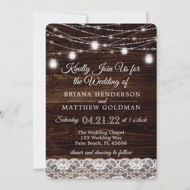 Invitation Bois rustique et dentelle Mason Jar Lumières Maria (Devant)