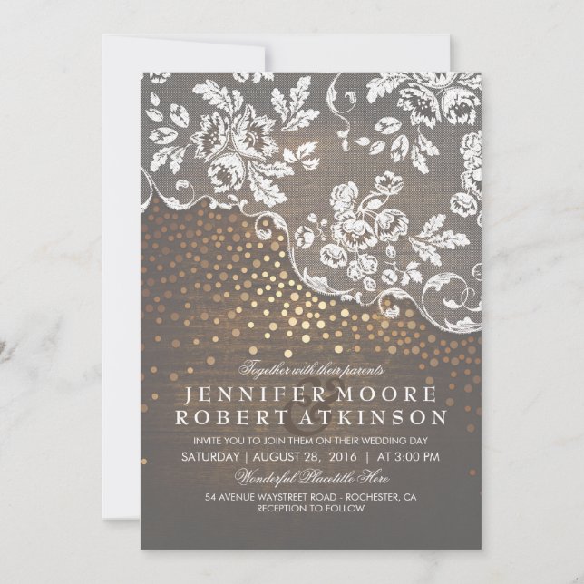 Invitation Bois rustique et dentelle or Confetti Mariage élég (Devant)