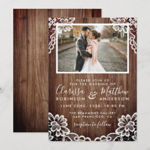 Invitation Bois rustique et élégante dentelle Mariage photo