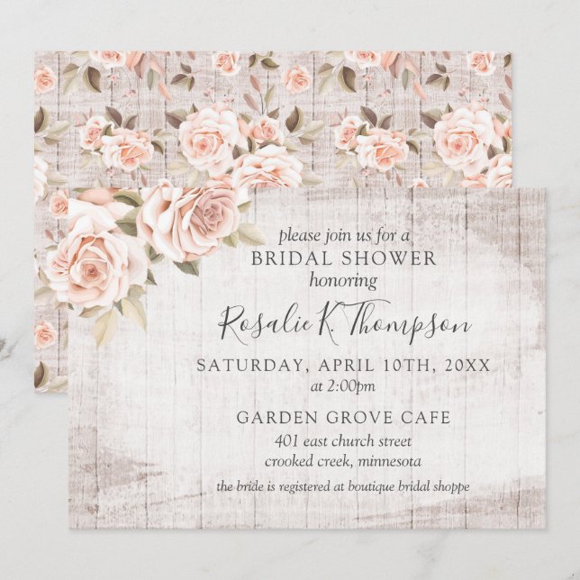 Invitation Bois rustique et Fête des mariées romantique Rose (Devant / Derrière)