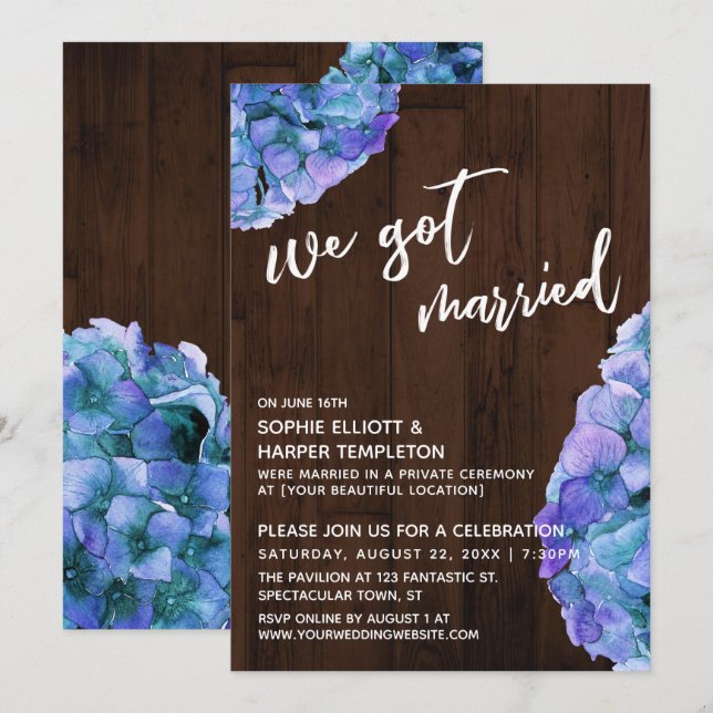 Invitation Bois rustique et Hortensia Bleu Nous nous sommes m (Devant / Derrière)