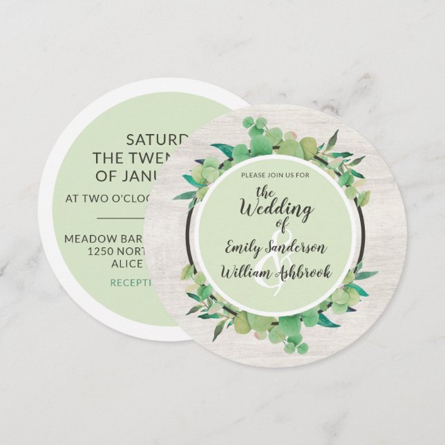 Invitation Bois rustique et Mariage botanique feuille d'eucal (Devant / Derrière)