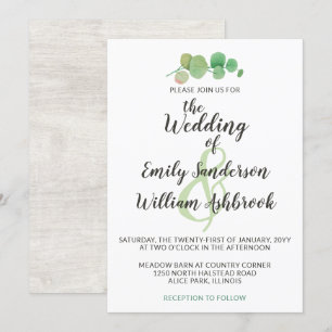 Invitation Bois rustique et Mariage botanique feuille d'eucal