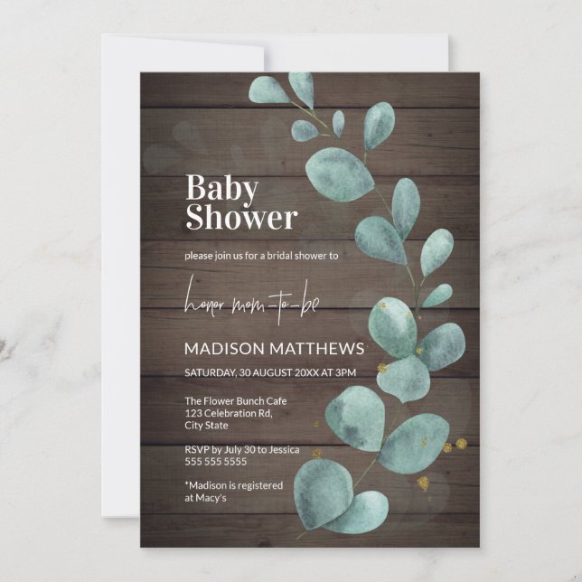 Invitation Bois rustique Eucalyptus Baby shower vert Invita (Devant)