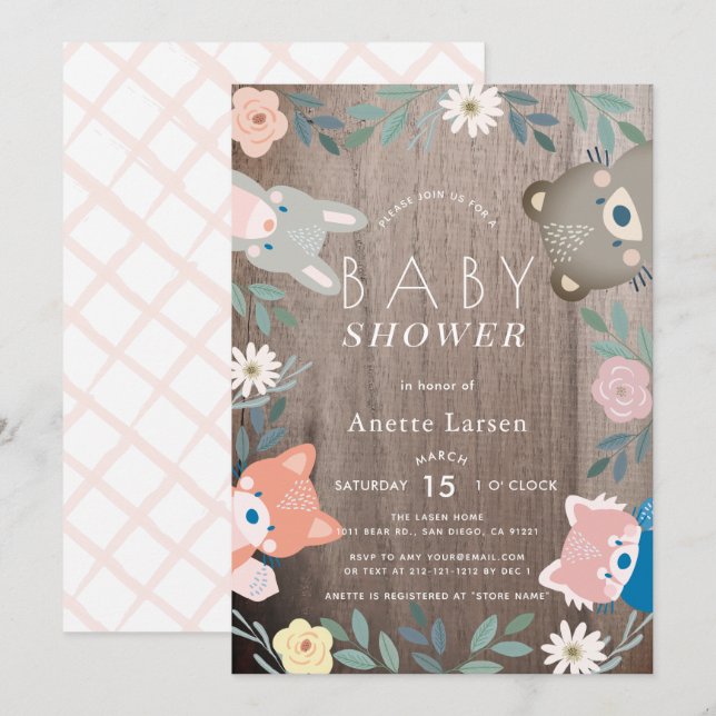 Invitation Bois Rustique Floral Animaux Baby shower rose (Devant / Derrière)
