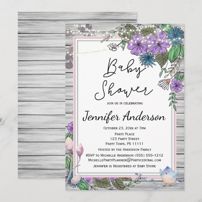 Invitation Bois rustique Floral Birds Baby shower lumineux (Devant / Derrière)