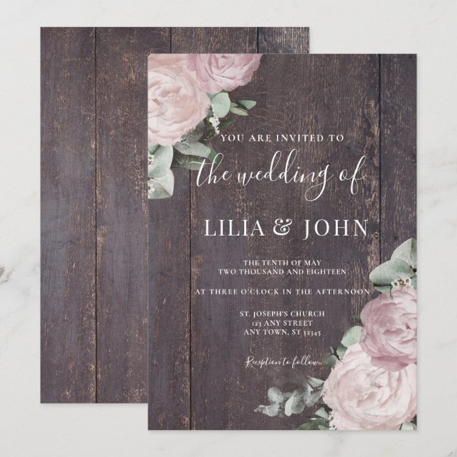 Invitation Bois rustique Floral Blush Dusty Mariage Rose (Devant / Derrière)
