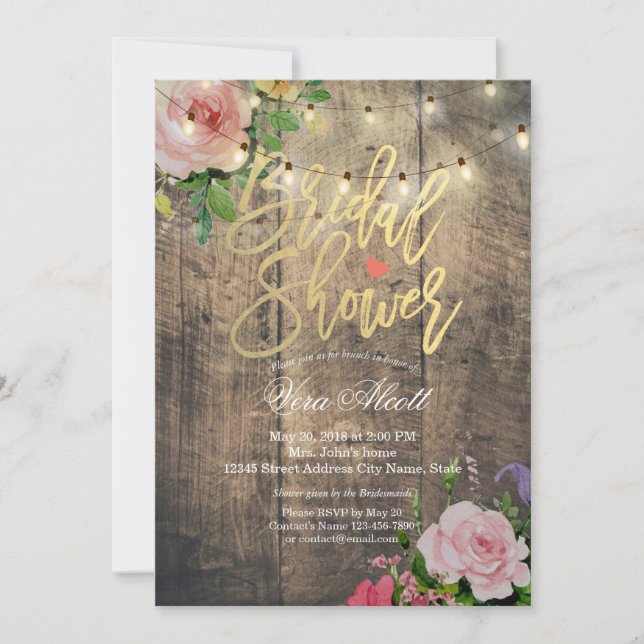 Invitation Bois rustique Floral Chaîne Lumières Fête des mari (Devant)