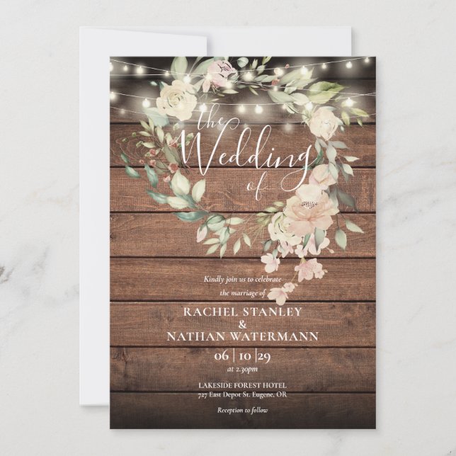Invitation Bois rustique Floral Chaîne Lumières Monogramme Ma (Devant)