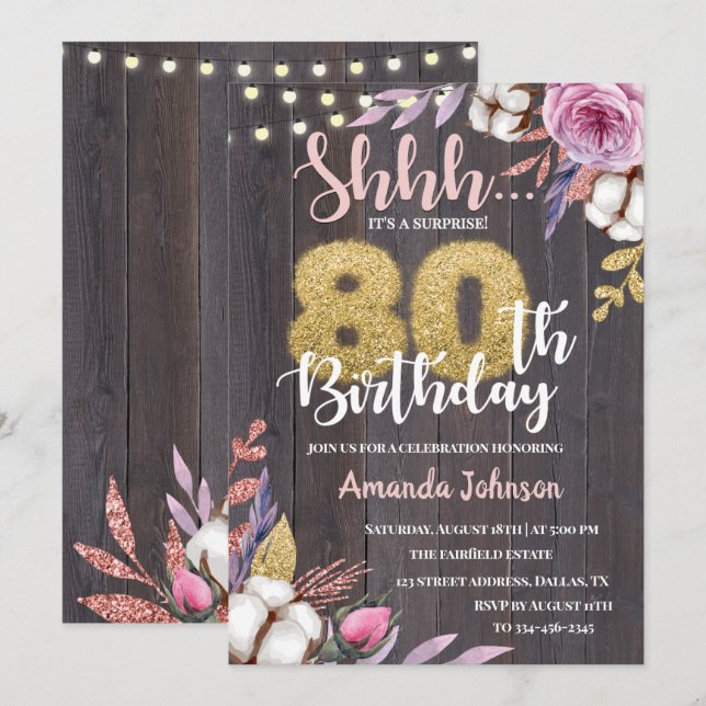 Invitation Bois rustique Floral Coton 80e anniversaire Invita (Devant / Derrière)