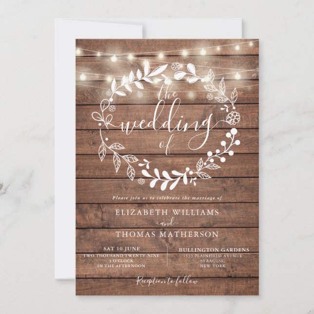 Invitation Bois rustique Floral String Lights Mariage Invitat (Devant)