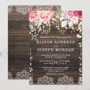 Invitation Bois rustique Floral String lumières Mariage