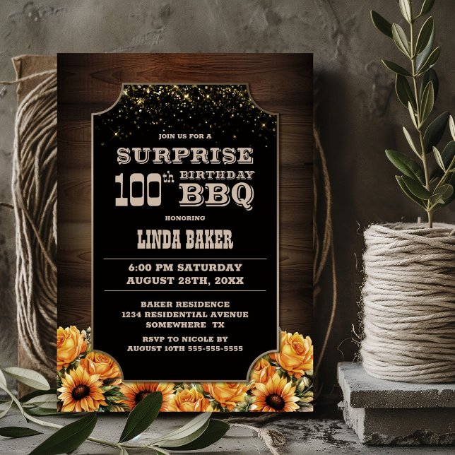 Invitation Bois rustique Floral Surprise 100e anniversaire BB (Créateur téléchargé)