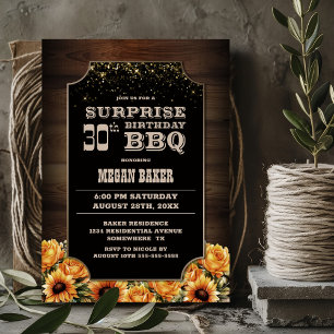 Invitation Bois rustique Floral Surprise 30e anniversaire BBQ
