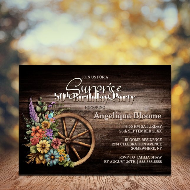 Invitation Bois rustique Floral Surprise 50e anniversaire (Créateur téléchargé)